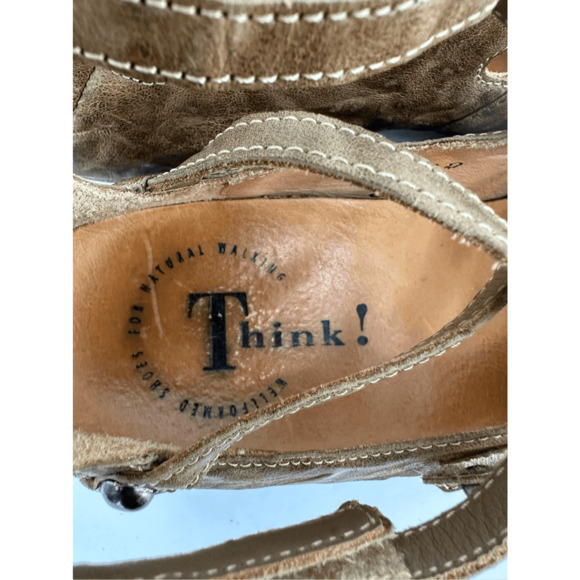 Think Strappy Distressed Leather Heels Sandals Equestrian Regency Boho Size 7 - Picture 12 of 14